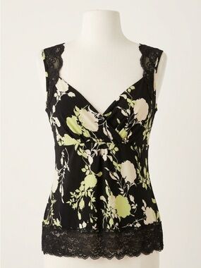 JTB Y2K Whimsigoth Black Floral Lace Trim Surplice Fairycore Cami Top Size XL